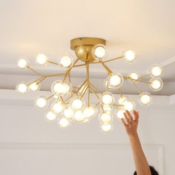 27 LIGHTS BALL FIREFLY GOLD CHANDELIER AMBER GLASS LED CEILING LIGHT HANGING LAMP - WARM WHITE - Image 2