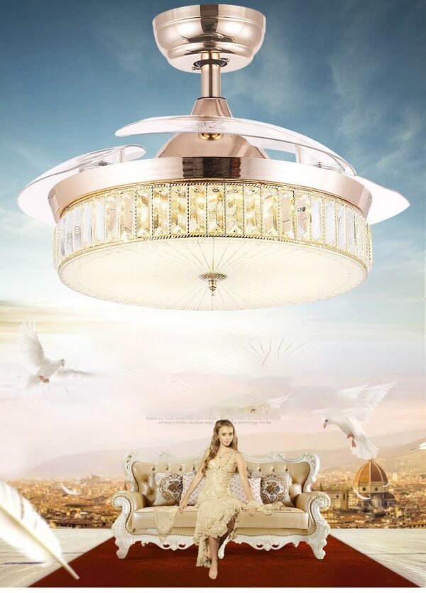 INVISIBLE CEILING FAN CHANDELIER CRYSTAL AND REMOTE CONTROL 4 RETRACTABLE ABS BLADES - WARM WHITE - Image 2