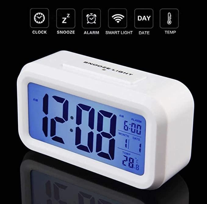DICTA - Digital Alarm Clock White Smart Back Light Battery Operated Table Clock with Automatic Sensor - Image 4