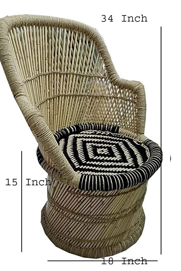VANSHIKA Craft ! Natural Bamboo Mudda Weaving Black and Beige Flower Chair Set ! Chair with Wave Design Mudda - Image 4