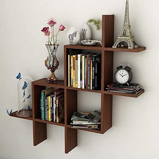 Wooden Cave Rubic Shape Wall Shelves for Wall Decor and neatly Organize Your Books on Them | Home Decor Wall Shelf for Office, Living Room, Bathroom, Kitchen (Multipurpose) Showcase (Brown)