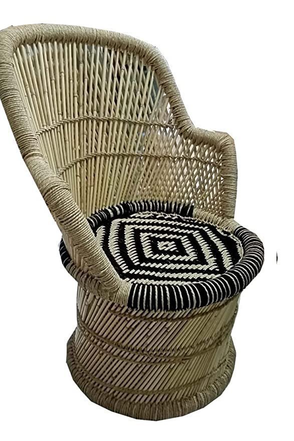 VANSHIKA Craft ! Natural Bamboo Mudda Weaving Black and Beige Flower Chair Set ! Chair with Wave Design Mudda - Image 5