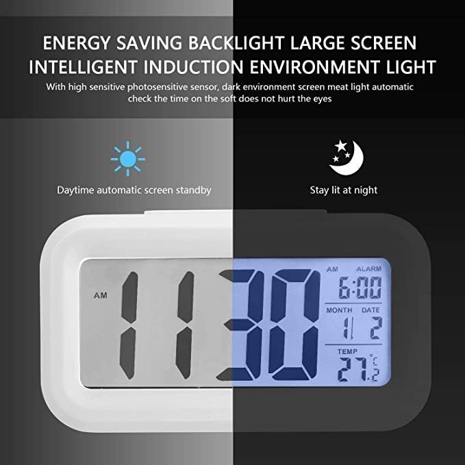 DICTA - Digital Alarm Clock White Smart Back Light Battery Operated Table Clock with Automatic Sensor - Image 3