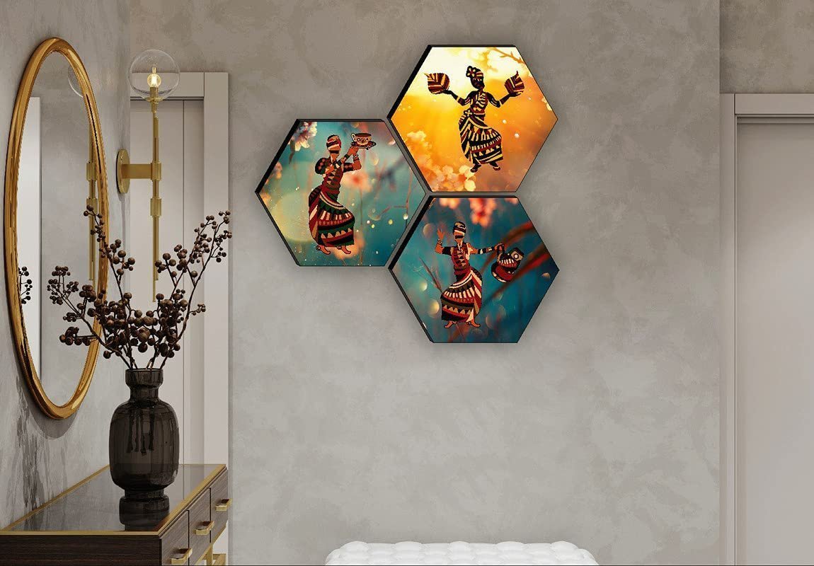 SAF Set of 3 Hexagon Modern Art Dancing MDF Board UV Textured Painting 17 Inch X 17 Inch SANFHXS30542 - Image 2