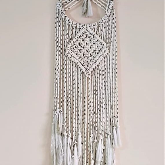 Kasba Cotton Wall Hanging for livingroom Decoration | Bohemian Geometric Theme | Cotton Dream Catcher | Bohemian Wall Decor | Handmade (3 feet, White with Green Lines)