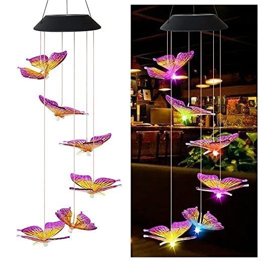 Natchcart Decorative Hanging Solar Butterfly Wind Chimes, LED Color Changing Outdoor Indoor Home & Balcony Decoration Waterproof Wind Mobile Lights for Home Patio Yard Garden Decor Great Gift Ideas (Solar Butterfly Wind Chime)
