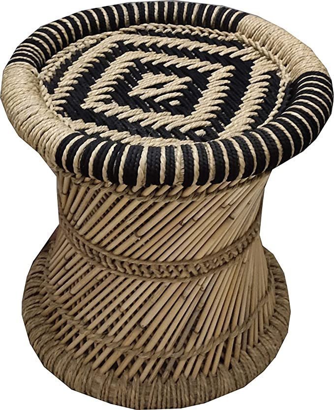 VANSHIKA Craft ! Natural Bamboo Mudda Weaving Black and Beige Flower Chair Set ! Chair with Wave Design Mudda - Image 3