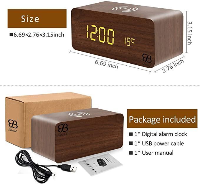 Bluebell Wooden Digital Smart Alarm Clock with Wireless Charging, 3 Alarms, LED Display, Temperature, Sound Control and Snooze, Digital Table Clock for Home, Office, Desk, Students(Brown) - Image 3