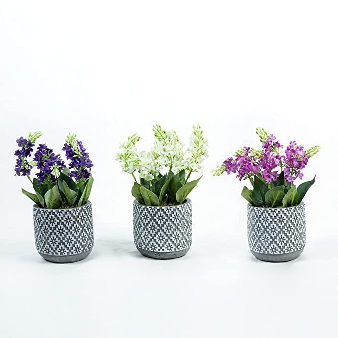 &BLOOMS Set of 3 Artificial Ceramic Flower Pot for Home Office Decoration Brazilian Lilacs Natural Looking Artificial Flower in Moroccan Pot-Size-19X14 CM - Image 2