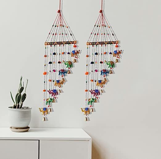 PALPAL Art Gallery Home Decoration Items Paper mache Elephant Wind Chimes/Safe Combo Set of 2 Home Decoration for Hall balcony Wall/Door/Window Hanging Bells (101 cm Multicolour)