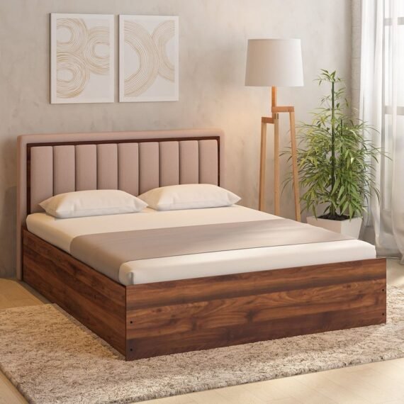 Eloa King Size Bed with Upholstered Headboard and Storage In Columbia Walnut Finish