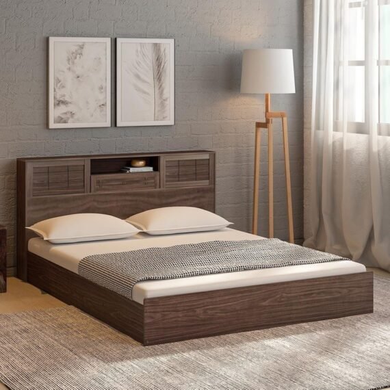 Hideki Blackline Queen Size Bed With Box Storage In Walnut Finish