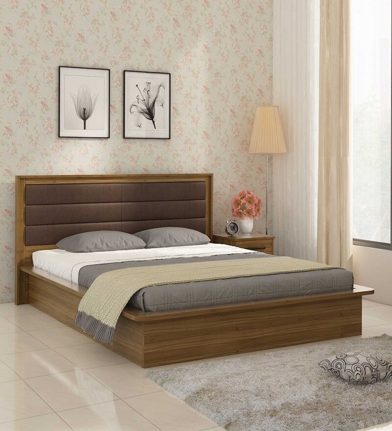 Kosmo Cooper Queen Size Upholstered Bed With Box Storage in Natural Teak Finish - Image 2
