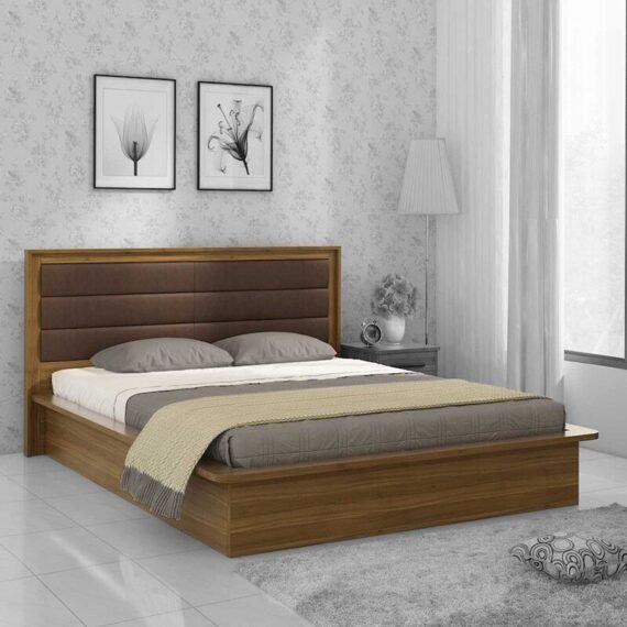 Kosmo Cooper Queen Size Upholstered Bed With Box Storage in Natural Teak Finish