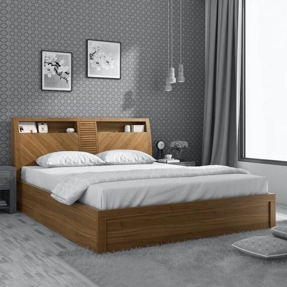 Kosmo Monarch Queen Size Bed with Storage in Natural Teak Finish
