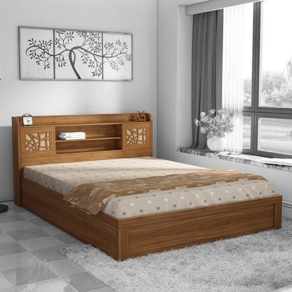 Kosmo Rayan King Size Bed With Box Storage in Natural Teak Finish